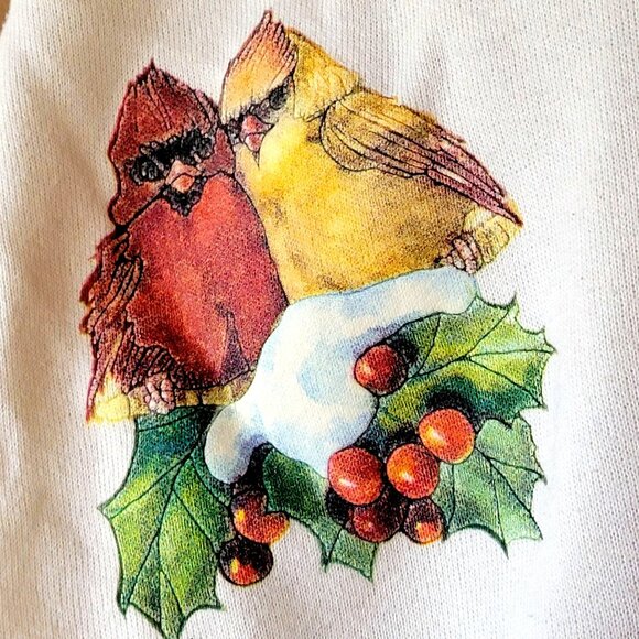 Vintage 90s Jerzees Cream Cardigan With Festive Cardinal & Holly Print Design - Picture 3 of 14